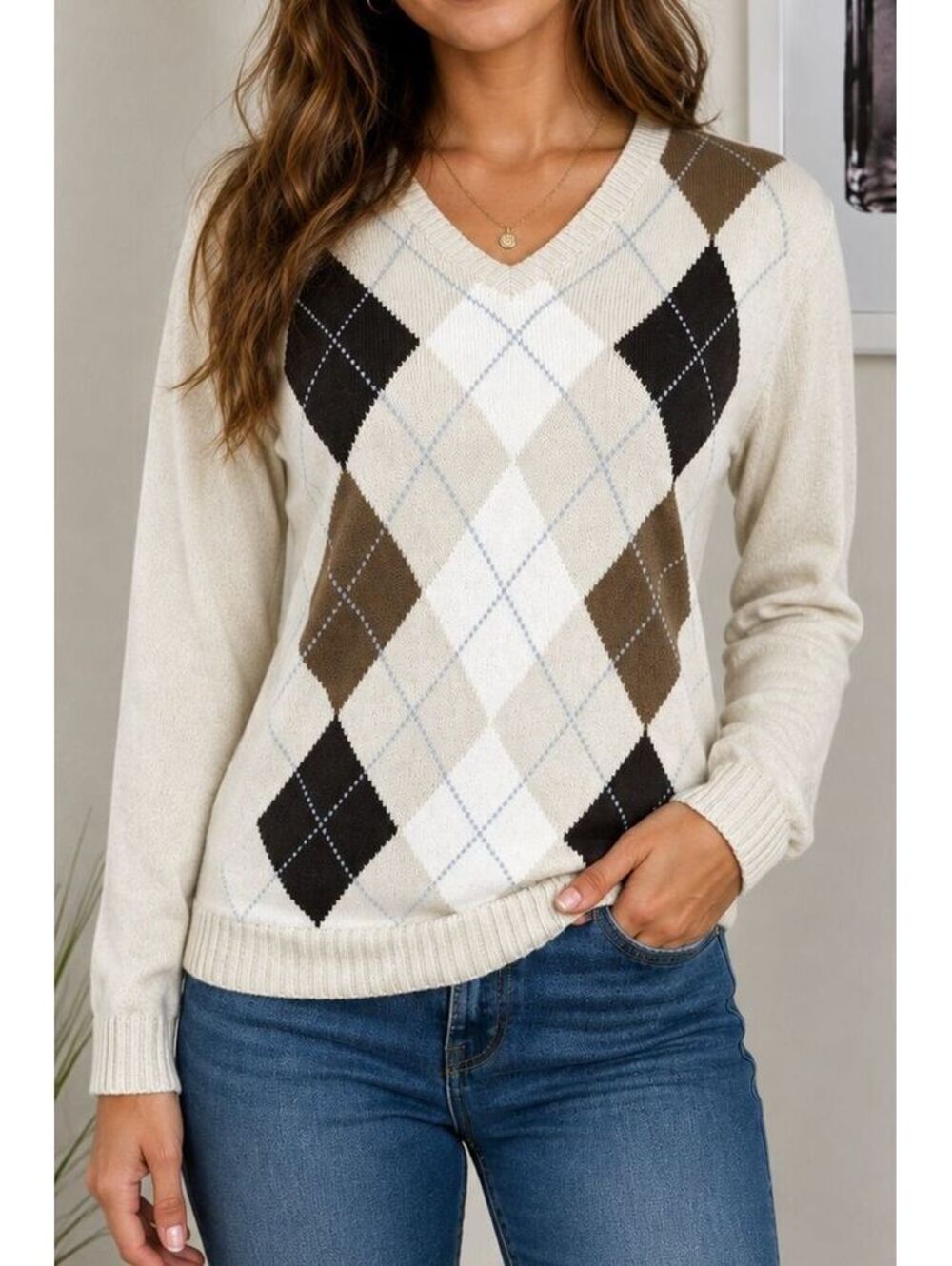 XG Argyle V-Neck Sweater Cream Brown Black 2012 Retro Preppy Y2K Knit Pullover